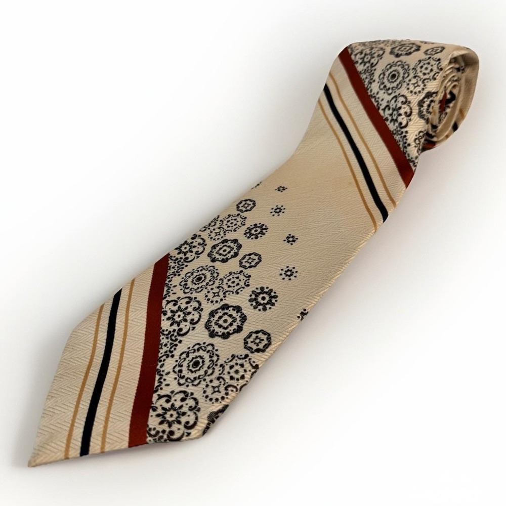 Vintage Men's Tan Rust Gold Black Floral & Diagonal Stripe Tie 70s Paris